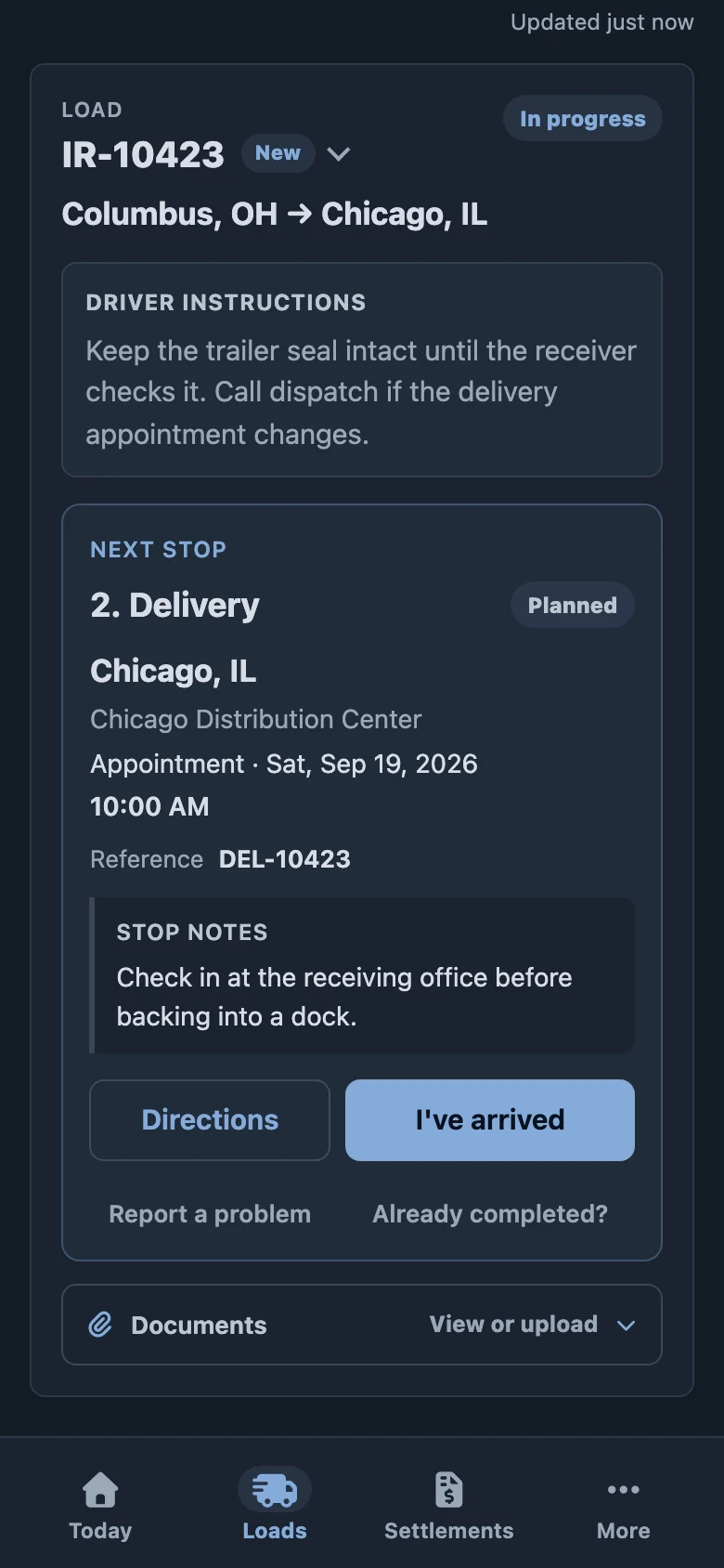 Plantain driver app load details with delivery instructions and arrival actions in dark theme
