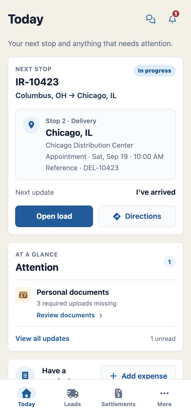 Plantain driver app Today screen with the next delivery, directions, and document reminders in light theme