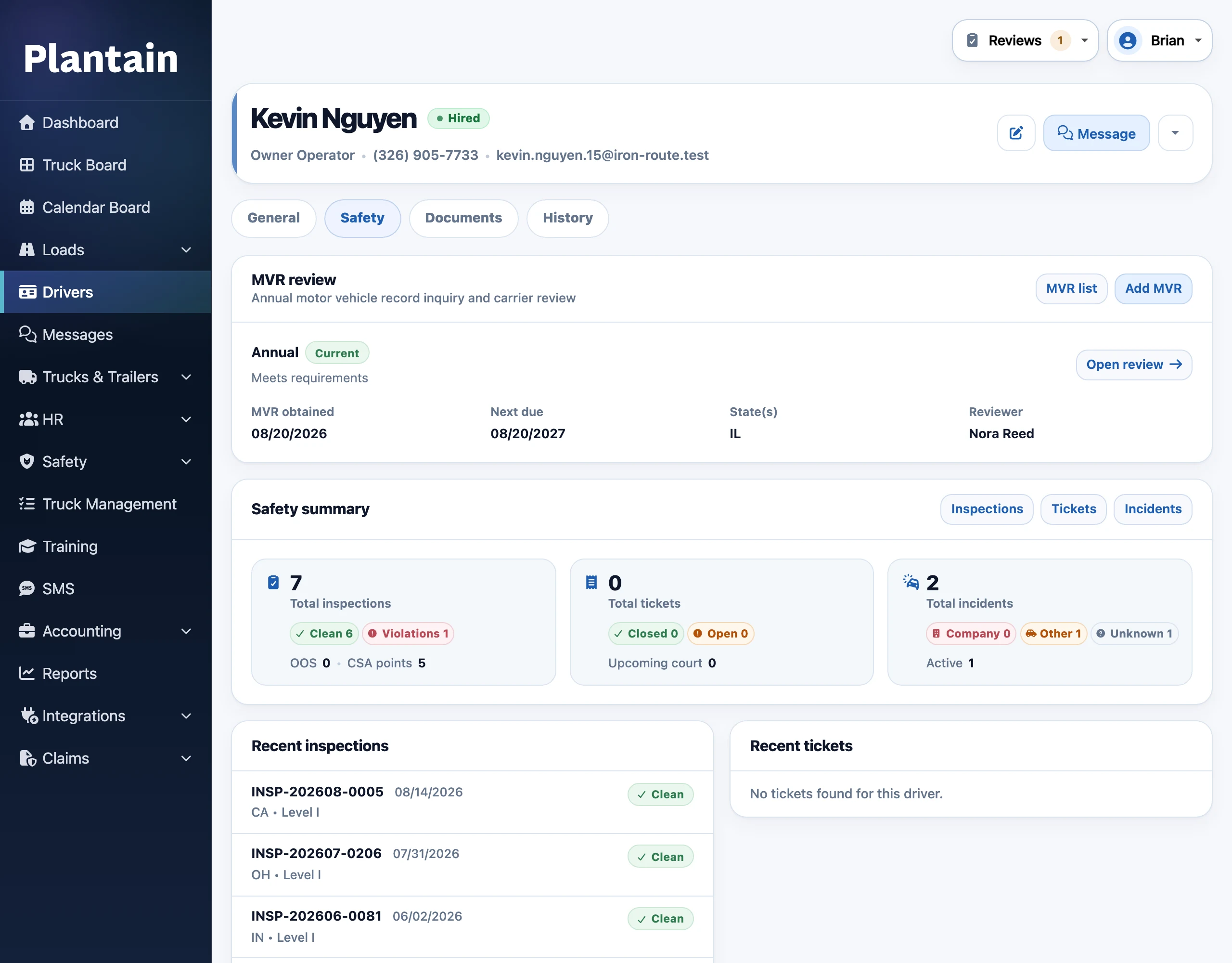 Plantain driver safety tab showing safety records and compliance information
