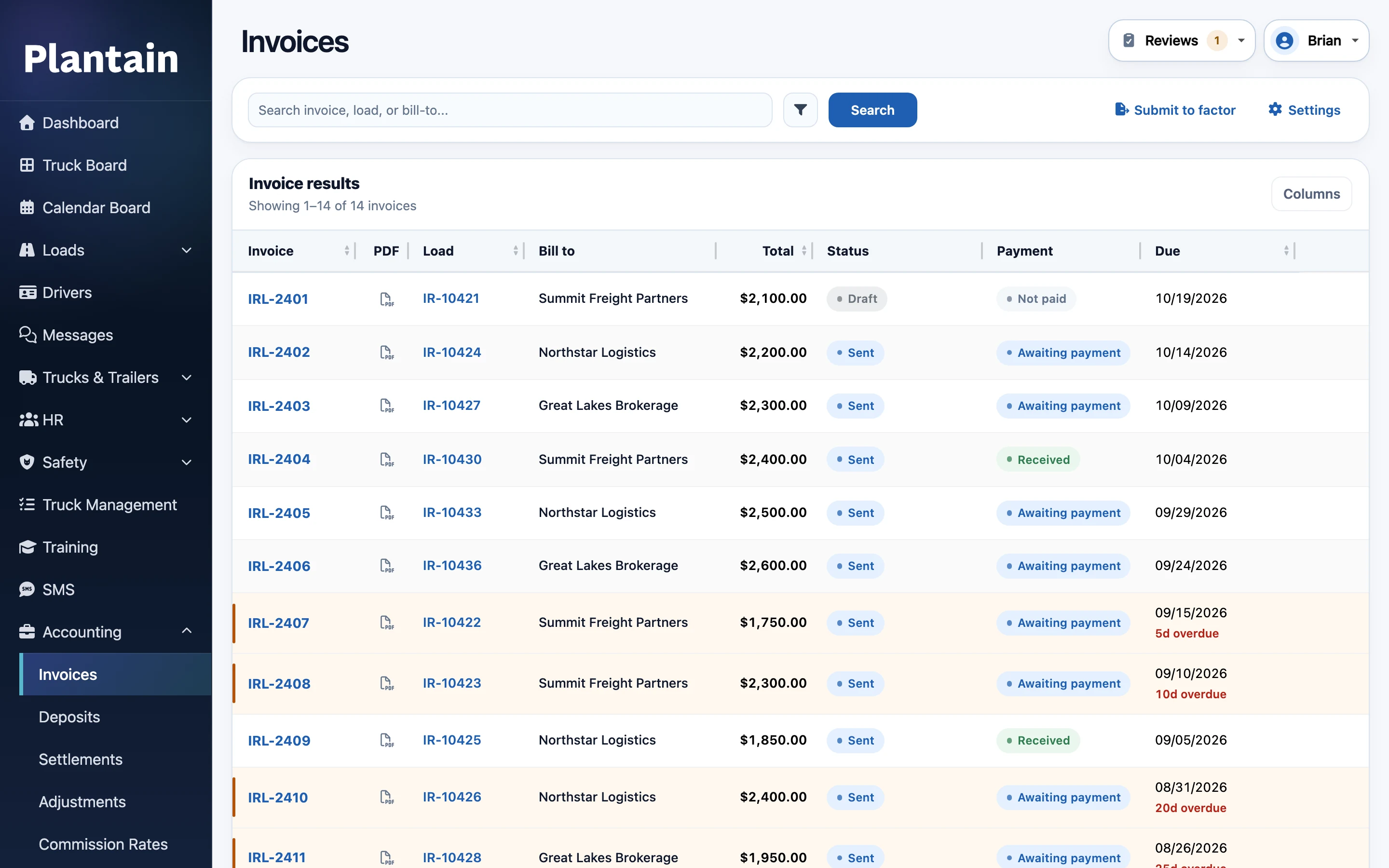 Plantain invoice list with load links, bill-to companies, amounts, due dates, and payment status