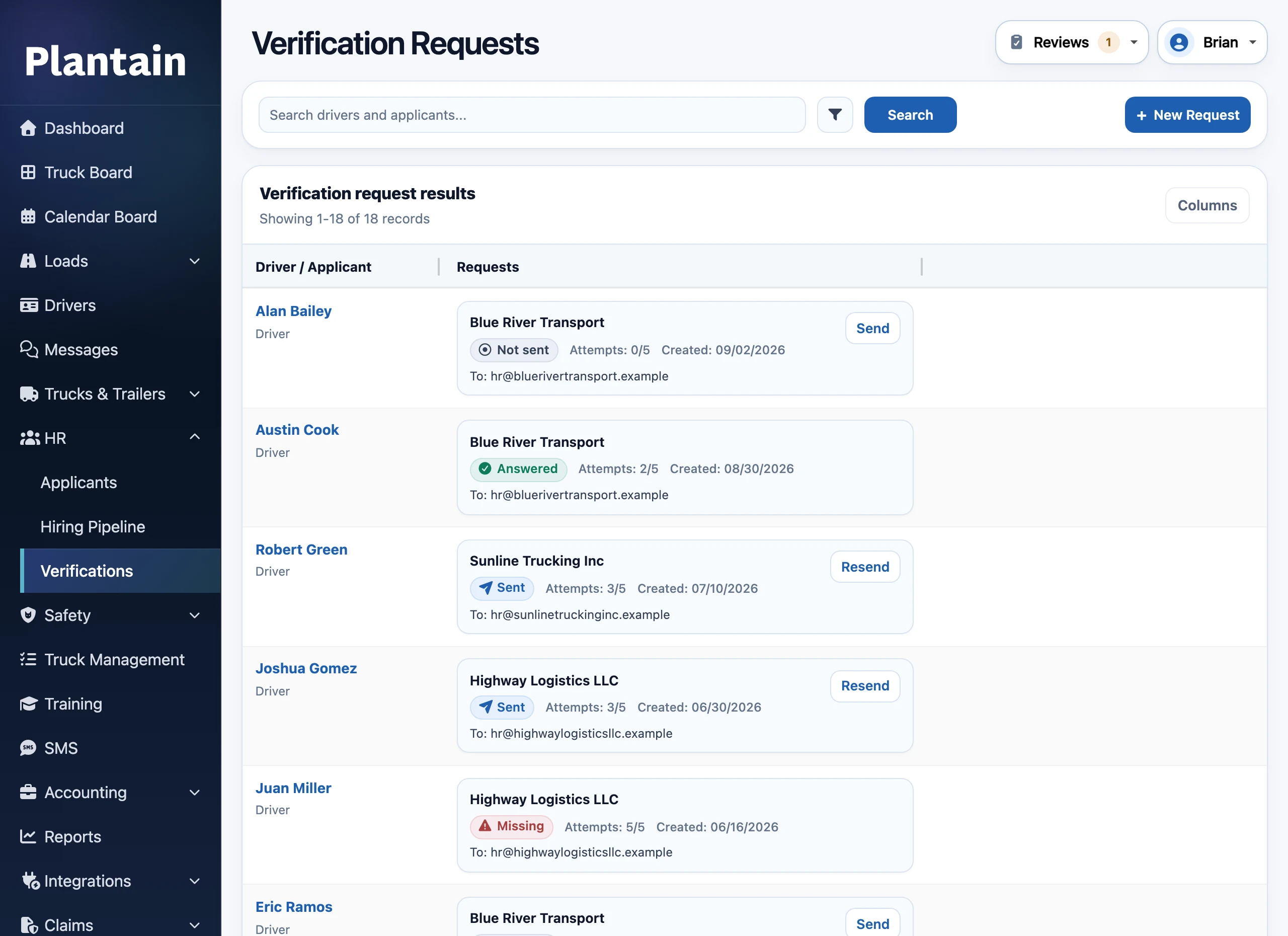 Plantain employment verification requests list with driver names, previous employers, and response status